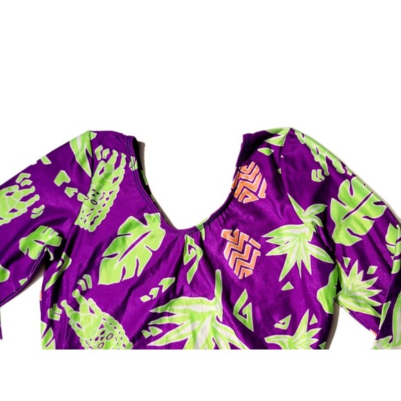 GK Elite VTG 90s Neon Green Tropical Purple AS Leotard Long Sleeve Adult S  NWT - Picture 3 of 10